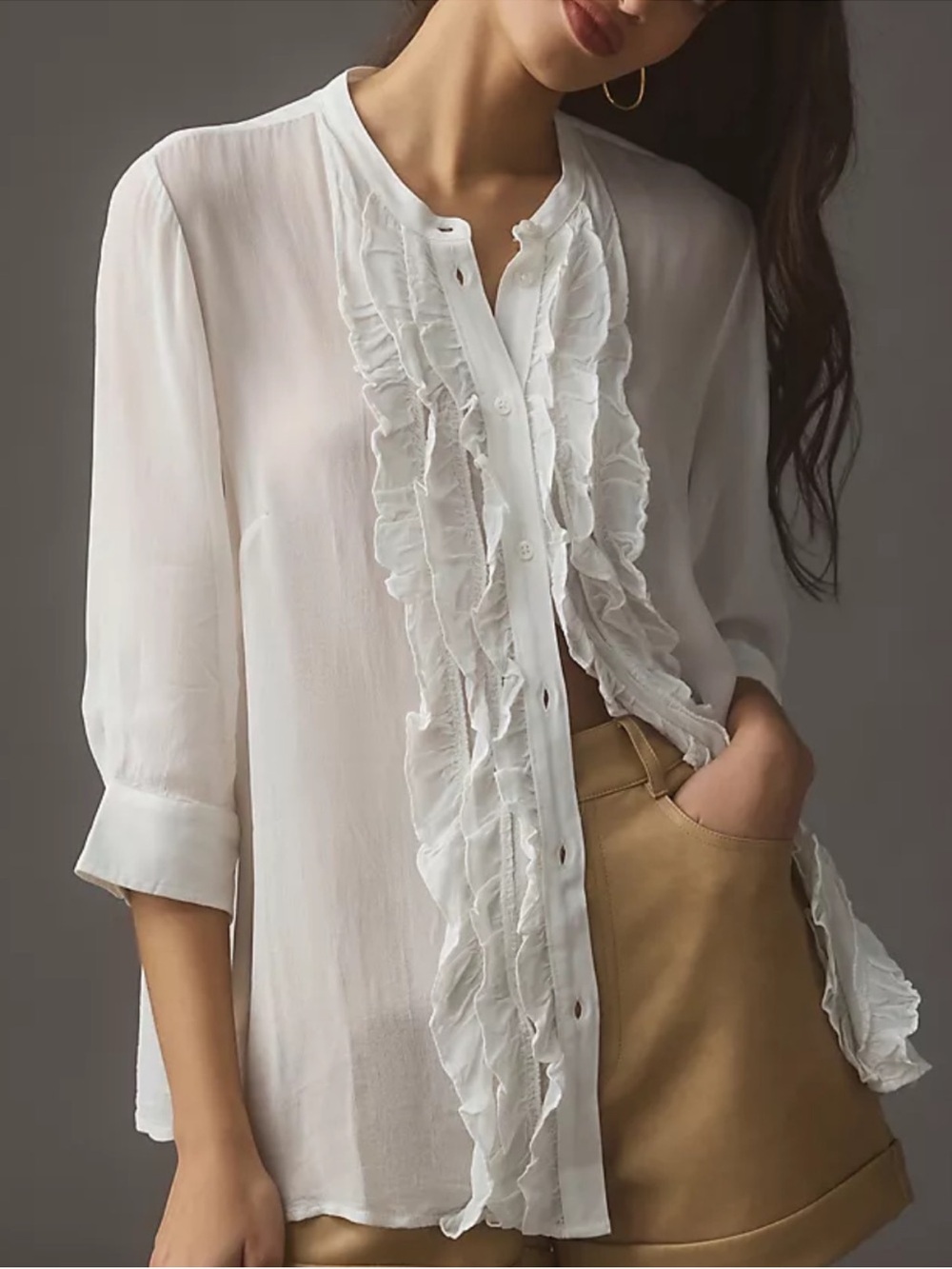 Maeve Lightweight Ruffle-Front Mao Shirt Front Button Blouse Boho Peasant XXS